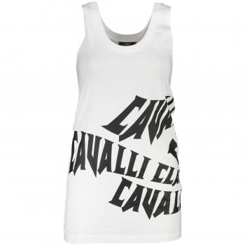 Cavalli Class Elegant Wide-Shoulder Printed Tank Top - L, Sleeveless, Female, White, Size: L, Cotton with Print