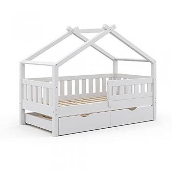 Cama en forma de casa Design, Blanco, 80x160 cm con cama de invitados, VitaliSpa