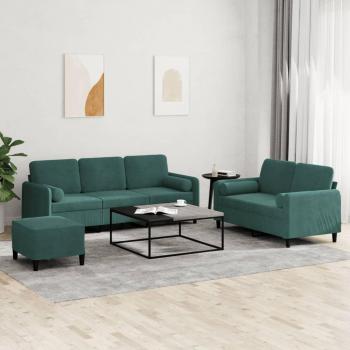 Sofá de 3 piezas con almohadas de terciopelo verde oscuro vidaXL