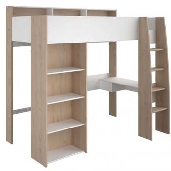 Cama Alta Elara con Escritorio Blanco Mate y Roble Jackson 204x193x132 cm