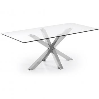 Mesa diseo moderno 200x100 con pies acero inoxidable y tapa cristal templado transparente modelo arya