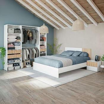 Pack Dormitorio Ethna Estilo Nórdico en Color Blanco y Natur con Cama, Cabecero, Mesitas y Vestidor