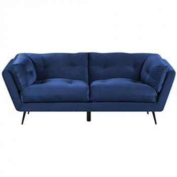 Sofá Retro de 3 Plazas en Terciopelo Azul con Patas de Metal y Cojines - 210 x 90 cm