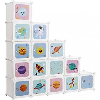 SONGMICS Armario Modular Infantil de 15 Cubos, Organizador Modular para Niños, Estantes de Cubo de Plástico, con Puertas, para Ropa, Zapatos, Juguetes, 151 x 31 x 153 cm, Blanco LPC902W
