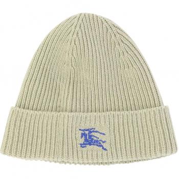Burberry Men's Knitted Beanie Hat in Green, Ribbed Cashmere with Embroidered Equestrian Knight, Size: OS, Beige Unisex Beanie, Stylish Hat for Female