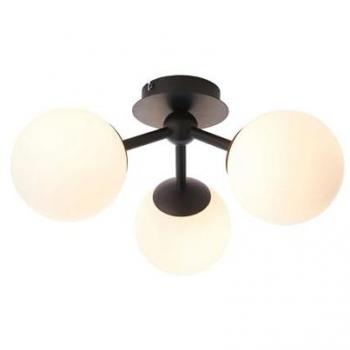 Plafón de baño Pulsa 3 bombillas Acero, cristal negro mate y cristal blanco mate, Lámpara de techo de 3 brazos semiempotrada Globe para baño Negro Mate, IP44