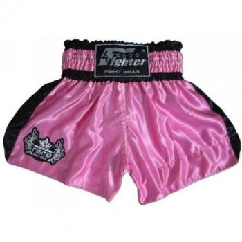 4Fighter Shorts Muay Thai Classic rosa-negro con la 4Fighter logo en la pierna, Talla:M