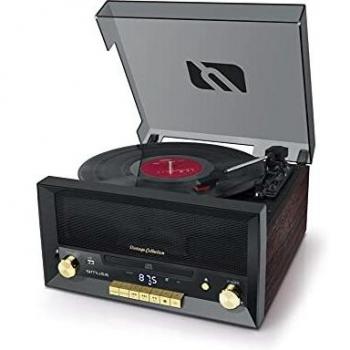 Muse MT-110 B - Micro Sistema CD y Radio con Giradiscos Muse Tres velocidades, Bluetooth, USB y Lector de Tarjetas SD, Caja Madera, Negro/Madera