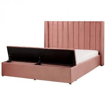 Cama King Size con Somier de Terciopelo Rosa 160x200 cm, Reposacabezas Alto y Banco de Almacenaje