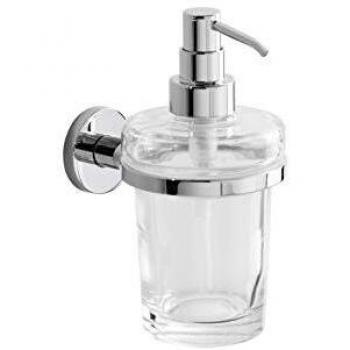INDA - Accesorios de Baño, Serie One, Dispensador de Jabón de Pared en Latón Cromado y Recipiente en Cristal Transparente Extraclaro, Dimensiones 8 x 12 x 15,5 cm
