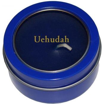 Candela en caja de metal con tapadera plástica con nombre grabado: Uehudah