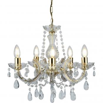 Lámpara colgante Marie-Thérèse de 5 luces en latón antiguo y cristal, E14