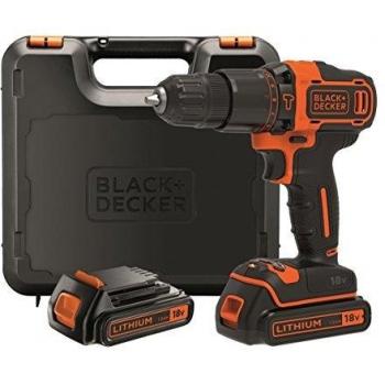 BLACK+DECKER BDCHD18KB Taladro Percutor Inalámbrico 18V 1.5Ah con 2 Baterías y Maletín 10 mm 2 Velocidades Luz LED, Color Negro, Naranja