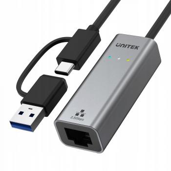 Adaptador Unitek U1313C USB-A/C a RJ45 2.5G Ethernet con carcasa de aluminio y cable de 30 cm