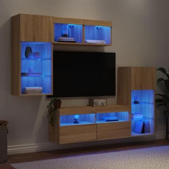 Mueble de TV de pared con LED 5 piezas en madera ingeniería color roble Sonoma marca vidaXL