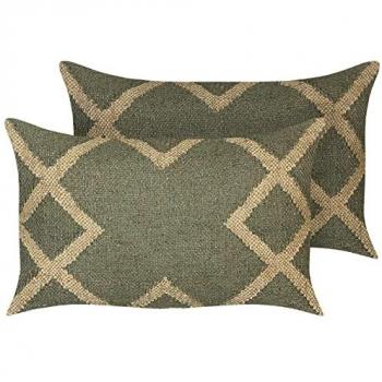 Conjunto de 2 Cojines de Yute Verde Oliva Beige 30 x 50 cm a Mano Geométrico Gopi