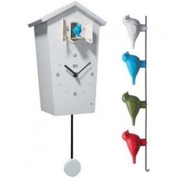 KOOKOO Birdhouse Blanco, Reloj cucu Design Moderno, Sonidos de 12 Aves o el Cuco, Reloj pájaros cantores c. péndulo