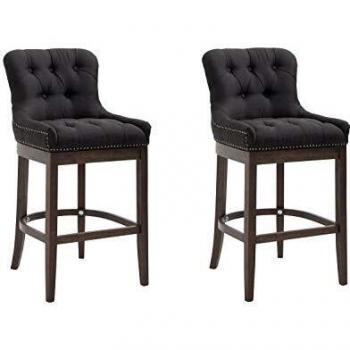 Set de 2 Taburetes de Bar Lakewood Tapizados en Tela Negra Antiguo con Respaldo y Reposapiés
