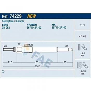 Bujía de precalentamiento FAE 74229 para Hyundai y Kia 11V
