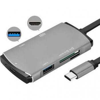 Adaptador USB-C HUB 6 en 1 con HDMI 4K, USB 3.0 y Lector de Tarjetas Micro SD/SD
