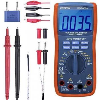 ETEPON Multímetro Digital, 6000 Cuentas para Mide Voltaje, Corriente, Resistencia, Continuidad, Frecuencia, Capacitancia, Temperatura, Diodos de Prueba, Transistores WH5000A