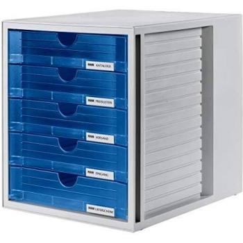 Cajonera SYSTEMBOX A4, 5 cajones cerrados, gris claro/azul, dimensiones: 275 x 330 x 320 mm