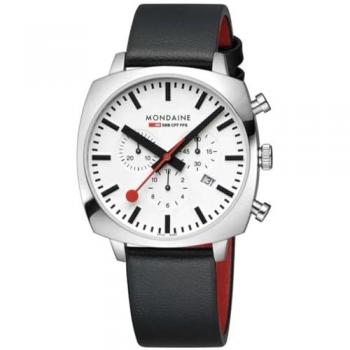 Mondaine Grand Cushion Chronograph Men's Watch Set - Black Dial, Leather & Stainless Steel Straps, 41mm