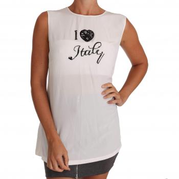 Dolce & Gabbana White Silk I LOVE ITALY Cami T-shirt - IT46 | L, Sleeveless Tops, female, Size: L, Italian Silk with Lace and Sequin Embroidery