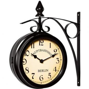 Reloj de Pared Doble Cara Vintage Estilo Estación de Tren con 2 Diales en Negro
