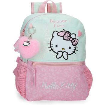 Mochila Hello Kitty Paris Turquesa 25x32x12cm de Poliéster con Bolsillo Frontal