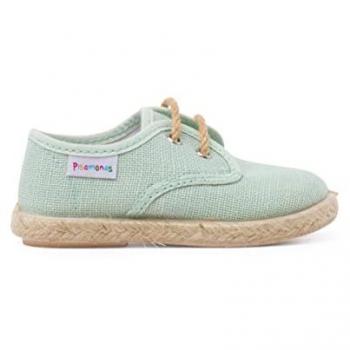 Zapato inglés de bebés de lino con cordones y base de yute, color verde agua, talla 31