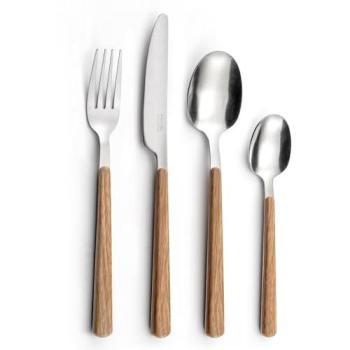 Set de Cubertería Ecológica de 24 Piezas en Acero Inoxidable 18/0 con Mango de Madera, Fácil de Limpiar y Apto para Lavavajillas