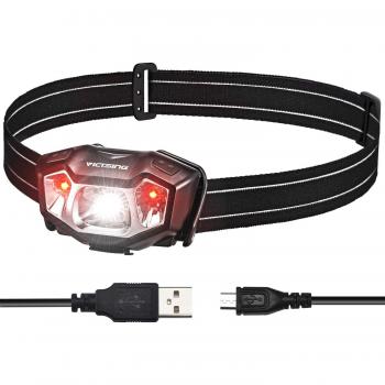 VicTsing Linterna Frontal LED USB Recargable,IPX6 Impermeable Linterna de Cabeza Super Ligera 90°Ajustable,6 Modos de Luz con Luz Roja y hasta 6 Horas para Acampada,Pescar,Senderismo,Lectura,Caza