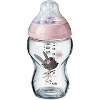 Tommee Tippee Closer to Nature Biberón de Cristal 250ml Rosa con Tetina con Forma de Pecho y Válvula Anticólico
