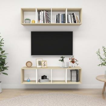 Mueble de salón de pared 2 uds madera ingeniería blanco y roble Sonoma, incluye mueble TV, mesa de TV, aglomerado y diseño montado en la pared