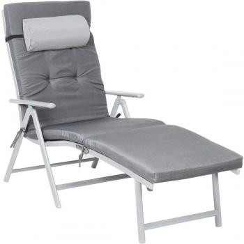 Tumbona Plegable Reclinable Negra o Gris, Cama de Sol con Colchón de 6 cm, Reposacabezas Desmontable, Fabricada en Aluminio Inoxidable y Tejido Transp