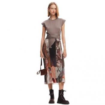 Vestido Midi Híbrido Casual de Manga Corta para Mujer Desigual, Flores Marrón, Talla L