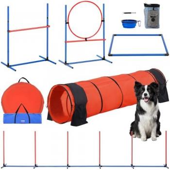 VEVOR Adjustable Dog Agility Training Equipment Set - 5 Piece Obstacle Course with High Hurdles, Weave Poles, Tunnel, Jump Ring, and Pause Box