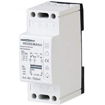 Transformador de timbre Heidemann 70044, multi-tensión 4V/8V/12V AC, 2A, montaje en riel DIN