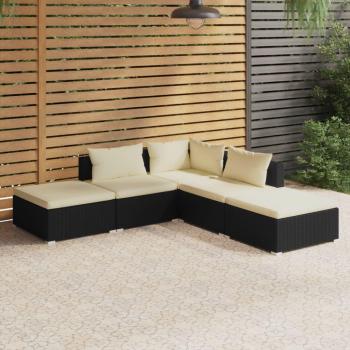 5-Piece Black Poly Rattan Garden Lounge Set with Cushions