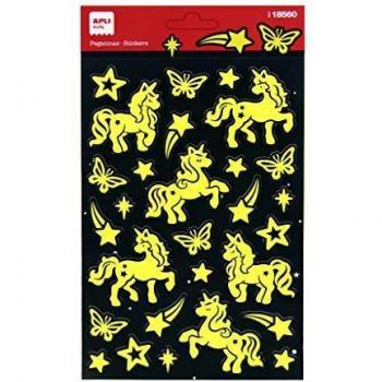 APLI Kids 18560-Pegatinas con Acabado luminiscente Modelo Unicornios, Brillan en la Oscuridad. Incluye 1 Hoja con 26 Pegatinas de Adhesivo Permanente