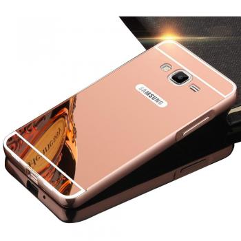 Sunroyal® Premium Funda Para Samsung Galaxy Grand Prime G530 G530H G5308 Bumper Case del Metal Aluminio PC Ultrafina Espejo Efecto [Fusion Mirror] Trasero Cover Protección Gota Tecnología de Absorción de Impactos Carcasa Caso - Rosa Oro