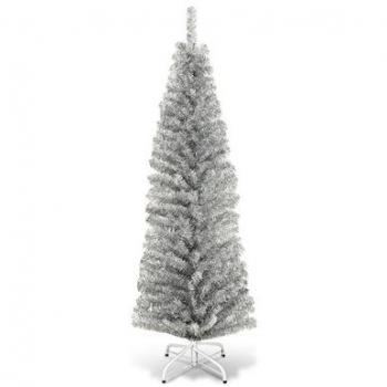 Costway 6 ft. Silver Unlit Metal Tinsel Artificial Slim Pencil Christmas Tree