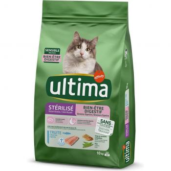 Ultima Cat Sterilized Sensible con trucha - 10 kg, pienso para gatos esterilizados, fórmula sensible, incluye oferta de 9 + 1 kg gratis