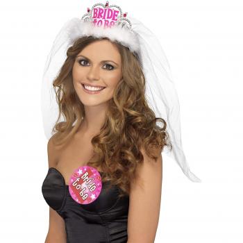 Smiffy's-31913 Tiara con velo Bride to Be, con impresión en rosado, color blanco, No es applicable