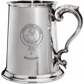 Binning Family Crest Polished Pewter 1 Pint Tankard with Scroll handle