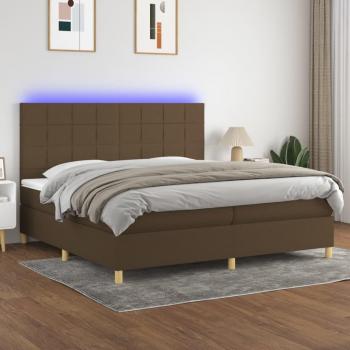 Cama Box Spring con Colchón y Luces LED Tela Marrón Oscuro 200x200 cm