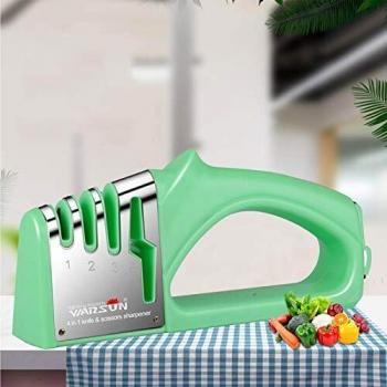 WARSUN Afilador de Cuchillos, 4 en 1 Profesional Knife Sharpener Manual de 3 Etapas, Base de Acero Inoxidable Antideslizante para Cocina,Afilar Navajas y Tijeras de Embotados Muy Afilados Cuchillo