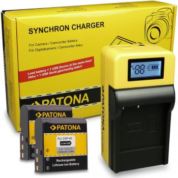 LCD Cargador de Batería + 2x Batería NP-40 para Casio Exilim EX-Z3 | EX-Z10 | EX-Z30 | EX-Z40 | EX-Z50 | EX-Z55 | EX-Z57 | EX-Z100 | EX-Z200 | EX-Z300 | EX-Z400 | EX-Z450 | EX-Z500 | EX-Z600