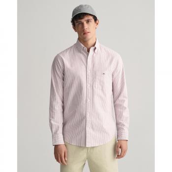 Camisa de Hombre Regular Fit de Rayas Finas Burdeos y Rosa, Manga Larga, Algodón, Gant